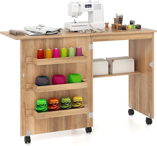 Tavolo da Cucito Pieghevole, Mobile per Macchina da Cucire con Ripiano Portaoggetti, 3 Scomparti Nascosti e Ruote Bloccabili, Mobile Multiuso per Piccoli Spazi (Legno, 118,5 x 40 x 79,5 cm)