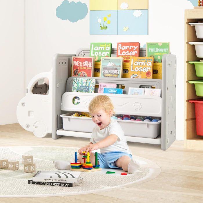 Scaffale per Giocattoli e Libri per Bambini, Libreria a Forma di Auto con 3 Ripiani 2 Scatole, Organizzatore Salvaspazio per Camera Stanza dei Giochi Asilo