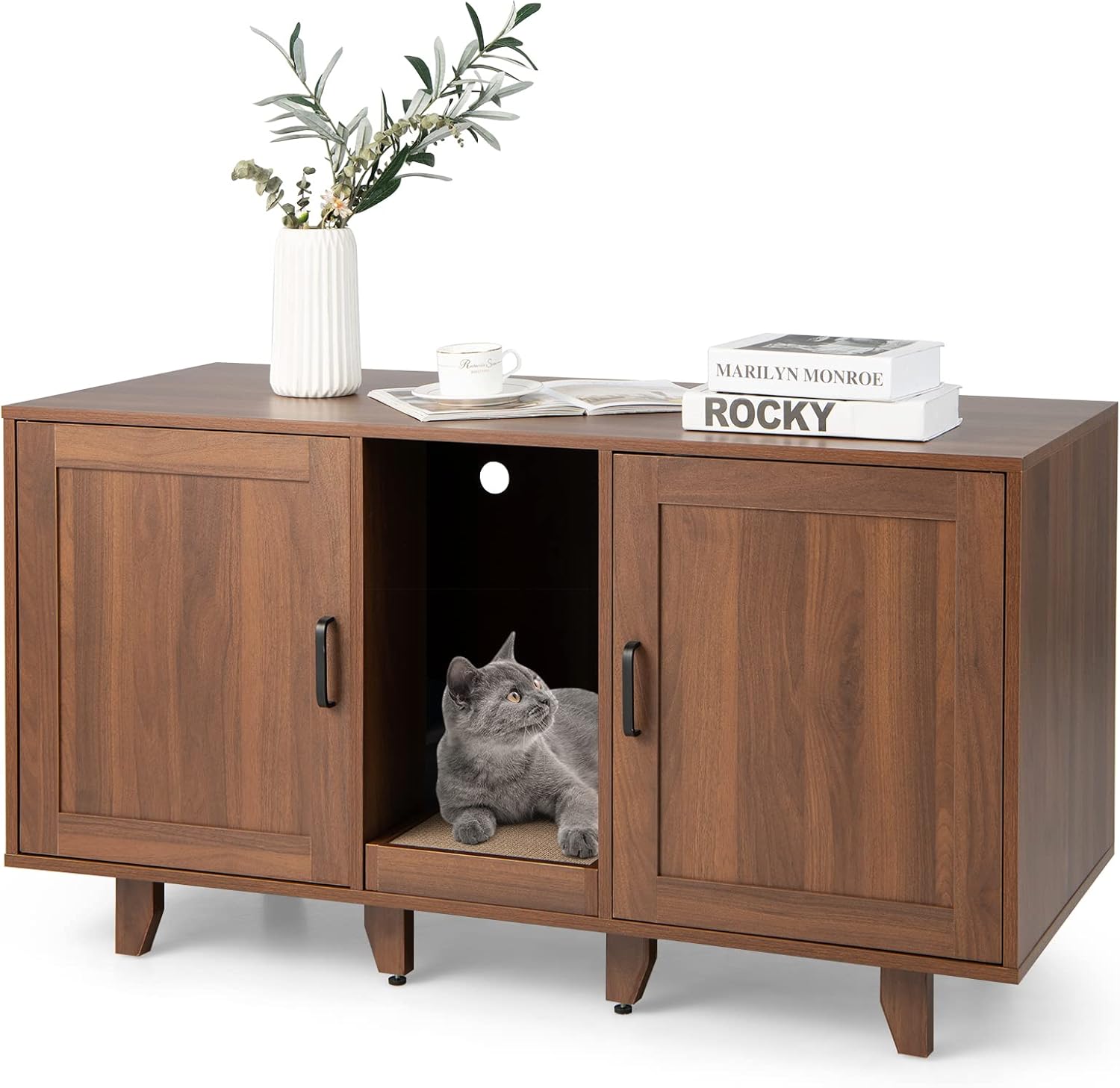 Mobile per Lettiera per Gatti 120 x 52 x 65 cm, Casetta per Gatti con 2 Ante, Fori, Tiragraffi e Gambe Staccabili, Mobile Versatile e Moderno per Salotto (Marrone)