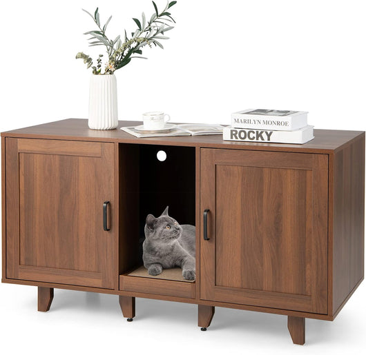 Mobile per Lettiera per Gatti 120 x 52 x 65 cm, Casetta per Gatti con 2 Ante, Fori, Tiragraffi e Gambe Staccabili, Mobile Versatile e Moderno per Salotto (Marrone)