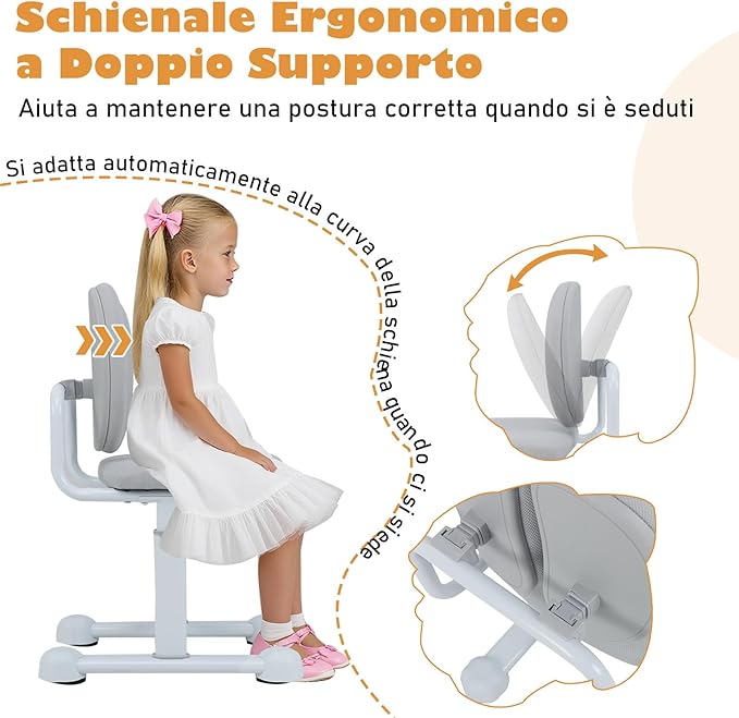 Sedia da Scrivania per Bambini 3+ Anni, Sedia Imbottita per Studiare con Doppio Supporto Lombare e Altezza Regolabile, Chair da Compiti per Casa e Scuola, Portata 100 kg (Grigio)