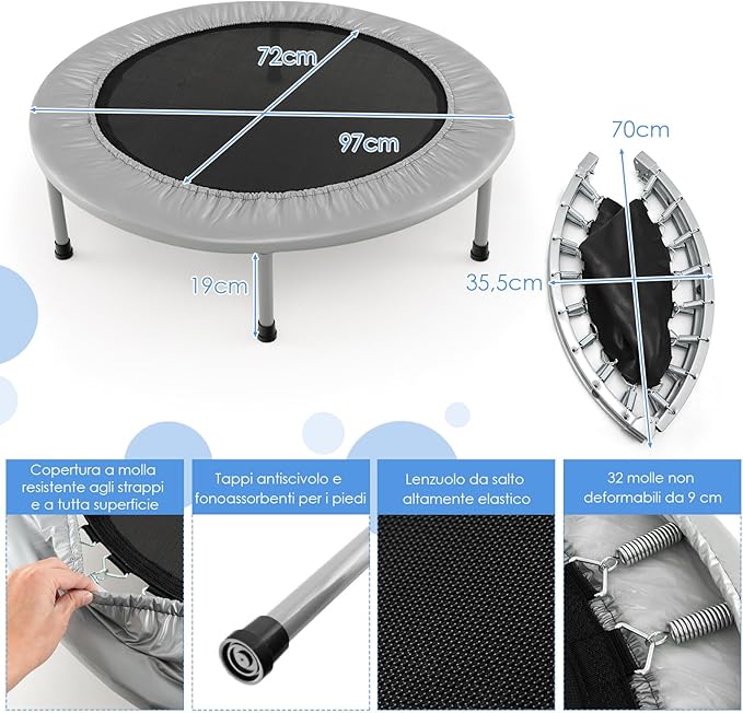 Mini Trampolino Elastico e Pieghevole, Capacità di Carico 150 kg, per Interno ed Esterno