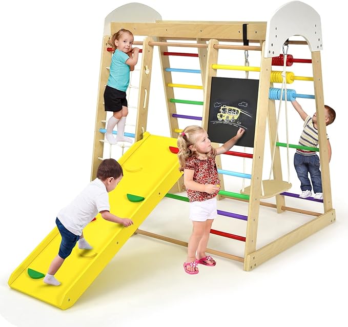 8 in 1 Triangolo da Arrampicata Multifunzione, Parco Giochi in legno Massello con Scivolo, Altalena e Lavagna, Uso Interno, per Bambini 1 a 5 anni (Modello 3 Colorato)