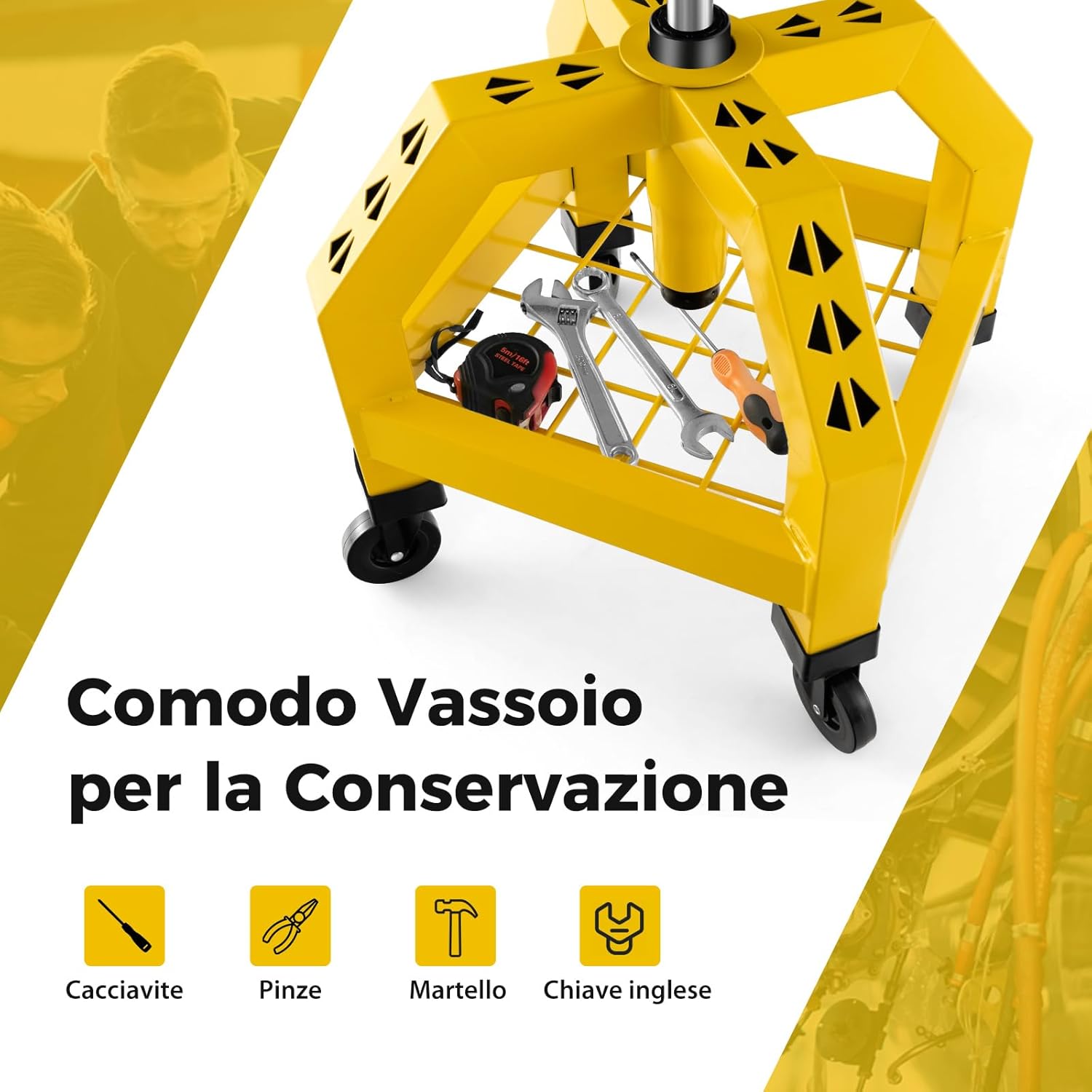 Sgabello da Officina, Sgabello Meccanico Rotante con Vassoio Porta Attrezzi, Regolabile in Altezza e 4 Ruote Universali, Capacità di 150 kg, per Garage, Officina (Giallo)