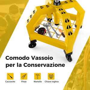 Sgabello da Officina, Sgabello Meccanico Rotante con Vassoio Porta Attrezzi, Regolabile in Altezza e 4 Ruote Universali, Capacità di 150 kg, per Garage, Officina (Giallo)