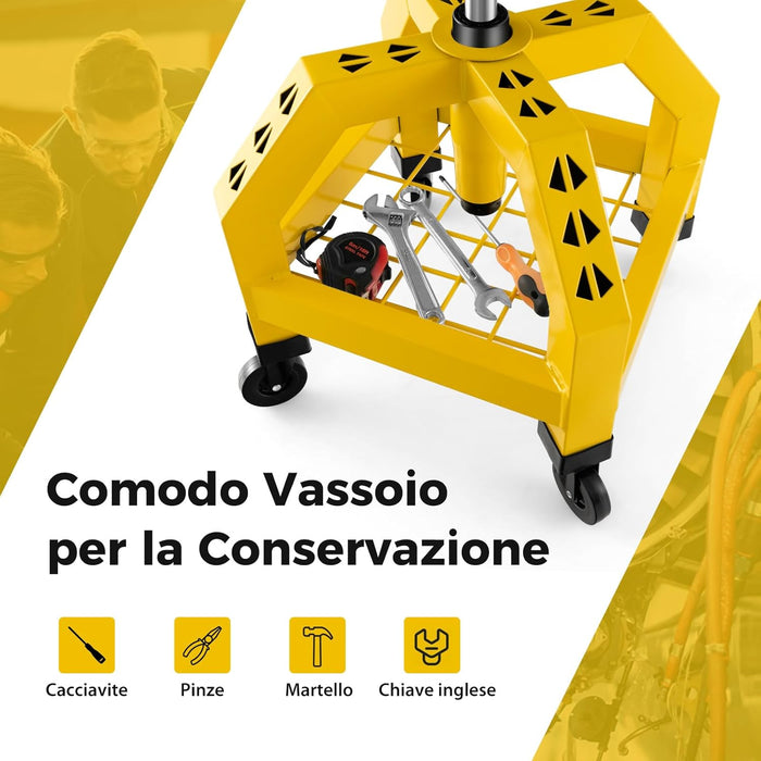 Sgabello da Officina, Sgabello Meccanico Rotante con Vassoio Porta Attrezzi, Regolabile in Altezza e 4 Ruote Universali, Capacità di 150 kg, per Garage, Officina (Giallo)