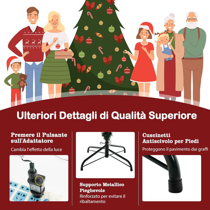 Albero di Natale 136/183/213 cm, Albero di Natale Artificiale Pre-Illuminato con 386/788/1130 Rami in PE e PVC, 180/280/380 Luci a LED Bianco Caldo e 8 Modalità di Illuminazione (183 cm)