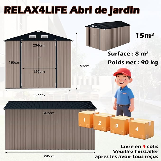 Casetta da Giardino 350 x 223 x 197 cm,con Tetto Inclinato e Porta Doppia, con 4 Finestre Traspiranti, Magazzinaggio Attrezzi