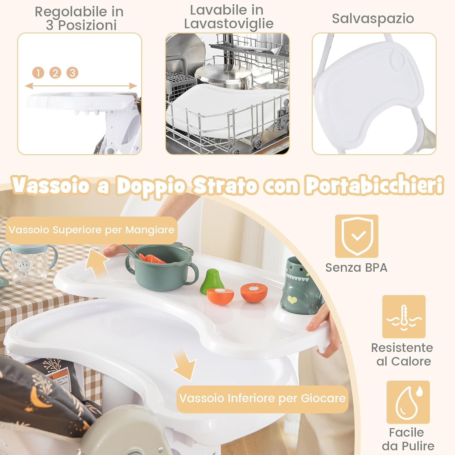Seggiolone Pappa Pieghevole per Bambini, Seggiolone Portabile con Schienale e Altezza Regolabili, con Ruote, per Bambini 6-36 Mesi, Grigio (Marrone)