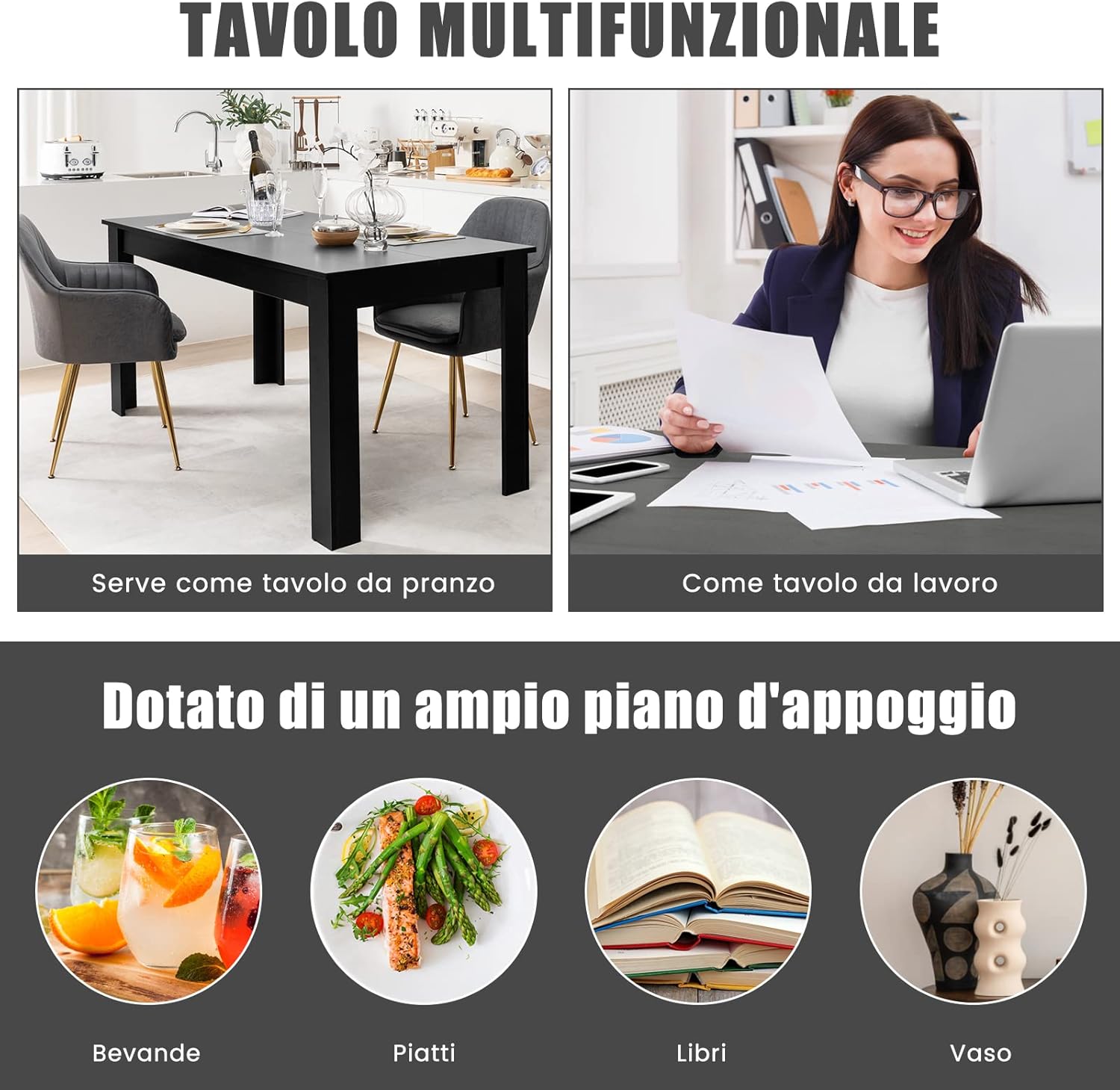 Tavolo da Pranzo 160 x 80 x 76 cm, Tavolo da Cucina Rettangolare con Piano Grande e Gambe Robuste, Tavolo per Massimo 8 Persone (Nero)
