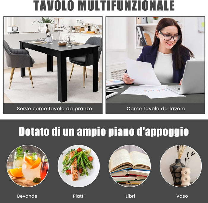 Tavolo da Pranzo 160 x 80 x 76 cm, Tavolo da Cucina Rettangolare con Piano Grande e Gambe Robuste, Tavolo per Massimo 8 Persone (Nero)