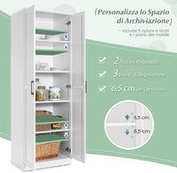 Armadio Alto di Stoccaggio a Pavimento con 2 Ante, Mobile Multiuso con Ripiani Regolabili, Armadietto di Stoccaggio in Legno Capacità di Carico di 90 kg, 59 x 43,5 x 178 cm (Bianco)