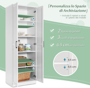 Armadio Alto di Stoccaggio a Pavimento con 2 Ante, Mobile Multiuso con Ripiani Regolabili, Armadietto di Stoccaggio in Legno Capacità di Carico di 90 kg, 59 x 43,5 x 178 cm (Bianco)