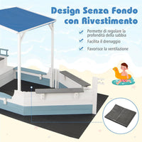 Sabbiera per Bambini a Forma di Nave Pirata con Tettuccio, Barca di Legno di Abete con Bandiera Timone e Sedili, Area Gioco di Sabbia, 218×110×162 cm