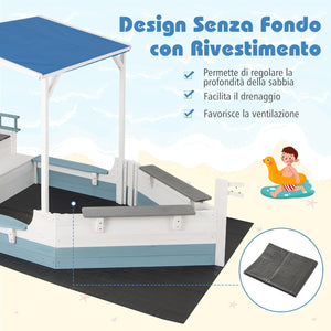 Sabbiera per Bambini a Forma di Nave Pirata con Tettuccio, Barca di Legno di Abete con Bandiera Timone e Sedili, Area Gioco di Sabbia, 218×110×162 cm