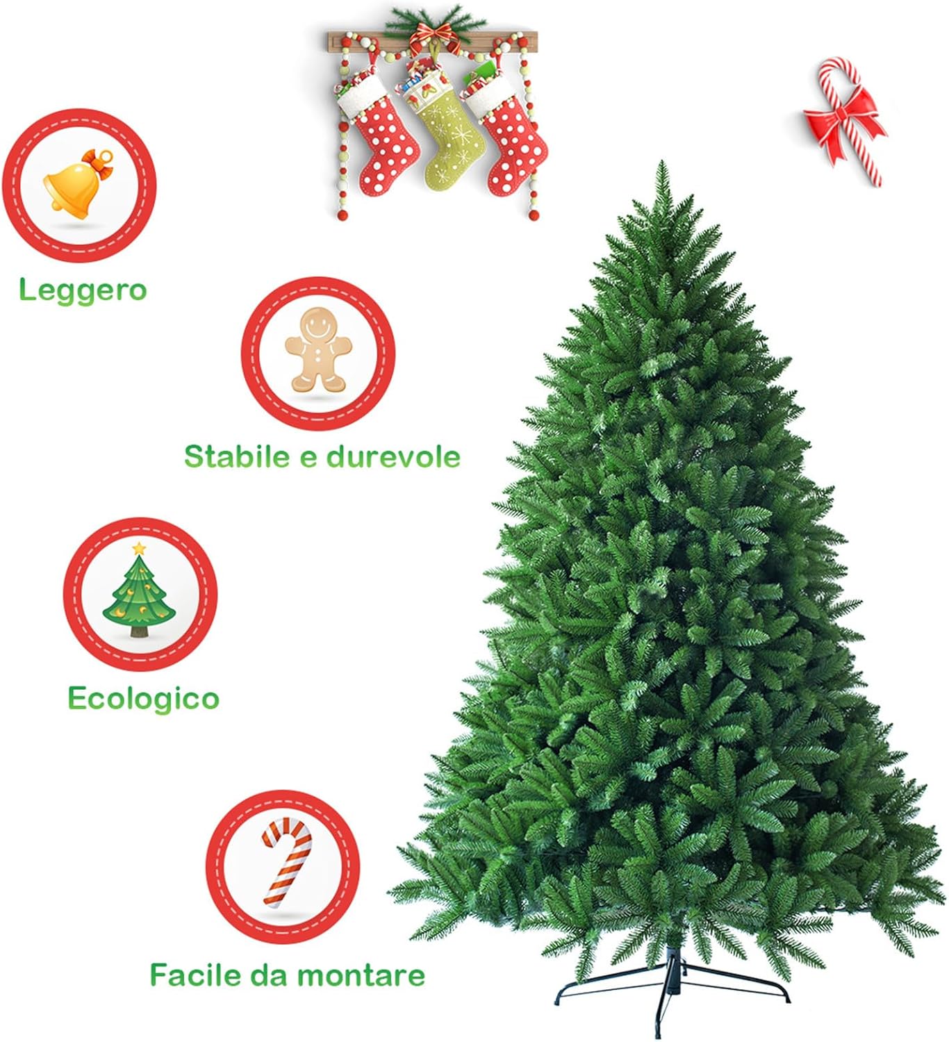 Albero di Natale Artificiale 150/180/225 cm, Albero di Natale con 600/1250/1968 Rami e Supporto in Metallo, Albero di Natale Realistico per Casa, Ufficio e Negozio (180 CM)