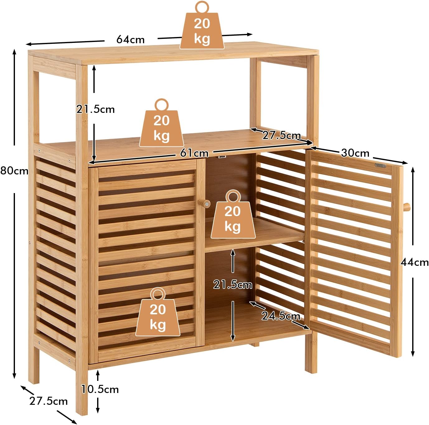 Mobile da Bagno in Bambù, Armadietto da Bagno con Ripiano Aperto e Doppie Porte, Ripiano Rimovibile, per Bagno, Soggiorno, Cucina, Ingresso, 64 x 27,5 x 80 cm
