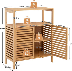Mobile da Bagno in Bambù, Armadietto da Bagno con Ripiano Aperto e Doppie Porte, Ripiano Rimovibile, per Bagno, Soggiorno, Cucina, Ingresso, 64 x 27,5 x 80 cm