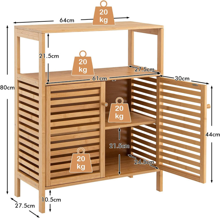 Mobile da Bagno in Bambù, Armadietto da Bagno con Ripiano Aperto e Doppie Porte, Ripiano Rimovibile, per Bagno, Soggiorno, Cucina, Ingresso, 64 x 27,5 x 80 cm