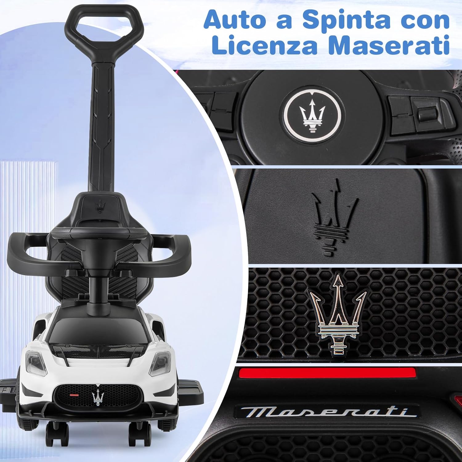 3 in 1 Maserati Auto da Spinta, Auto Scorrevole con 2 Ruote Universali Volante Musicale Paracolpi e Manubrio, Macchina Cavalcabile con Ripostiglio per Bambini 18-60 Mesi (Bianco)