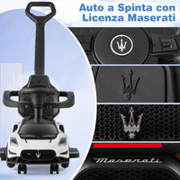3 in 1 Maserati Auto da Spinta, Auto Scorrevole con 2 Ruote Universali Volante Musicale Paracolpi e Manubrio, Macchina Cavalcabile con Ripostiglio per Bambini 18-60 Mesi (Bianco)