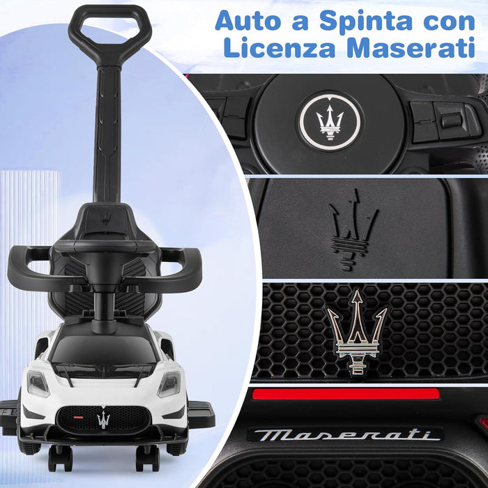 3 in 1 Maserati Auto da Spinta, Auto Scorrevole con 2 Ruote Universali Volante Musicale Paracolpi e Manubrio, Macchina Cavalcabile con Ripostiglio per Bambini 18-60 Mesi (Bianco)