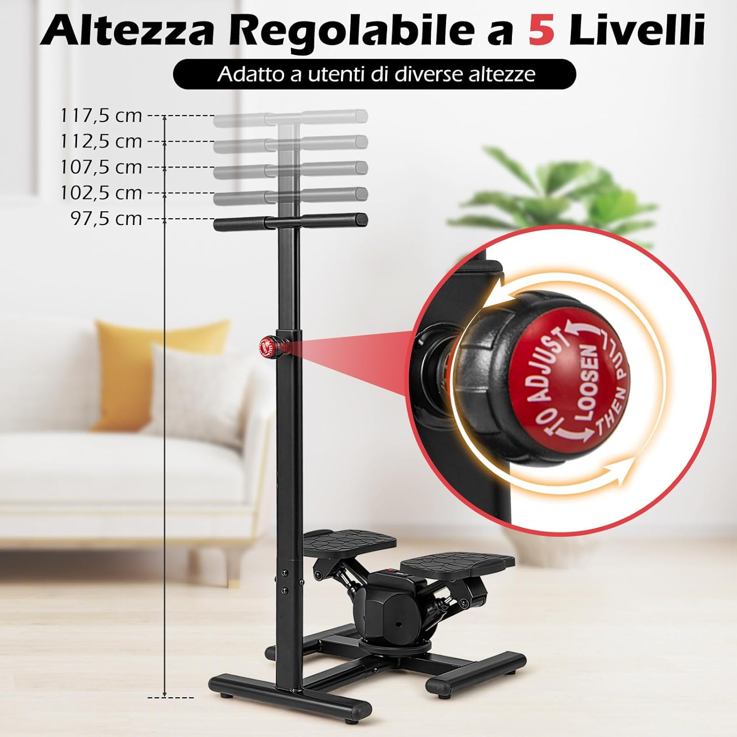 Stepper Fitness con Manubrio Regolabile in Altezza, Display LCD, Pedali Antiscivolo e Resistenza Idraulica, Stepper in Metallo, ABS, PP e EVA per Casa, Ufficio e Palestra