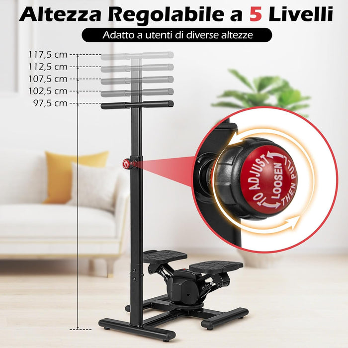 Stepper Fitness con Manubrio Regolabile in Altezza, Display LCD, Pedali Antiscivolo e Resistenza Idraulica, Stepper in Metallo, ABS, PP e EVA per Casa, Ufficio e Palestra