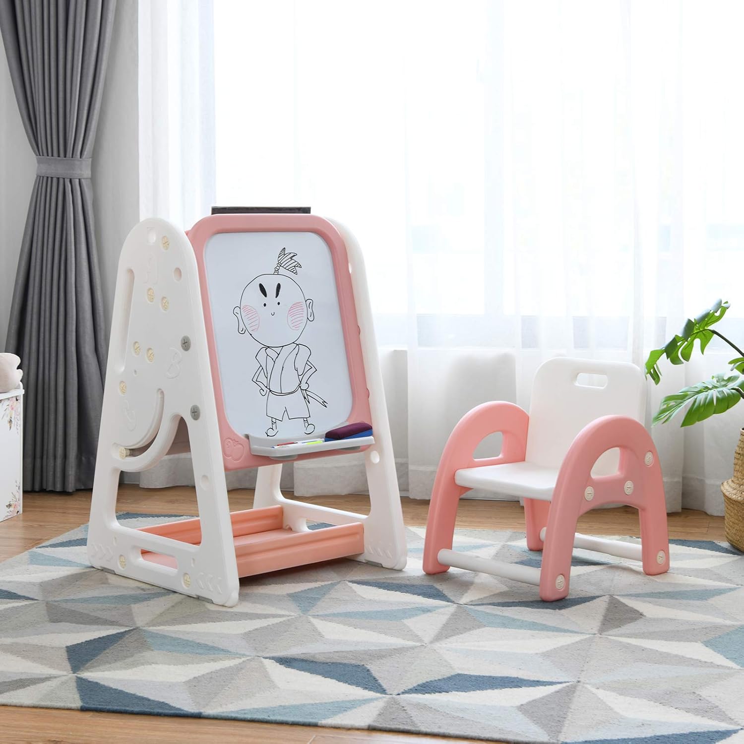 Cavalletto per Dipingere 2 in 1 Multifunzione per Bambini Altezza Regolabile, Libreria Bambini Lavagna Doppia Faccia , con Sedia e Accessori (Rosa-Arancione)