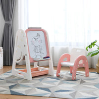 Cavalletto per Dipingere 2 in 1 Multifunzione per Bambini Altezza Regolabile, Libreria Bambini Lavagna Doppia Faccia , con Sedia e Accessori (Rosa-Arancione)