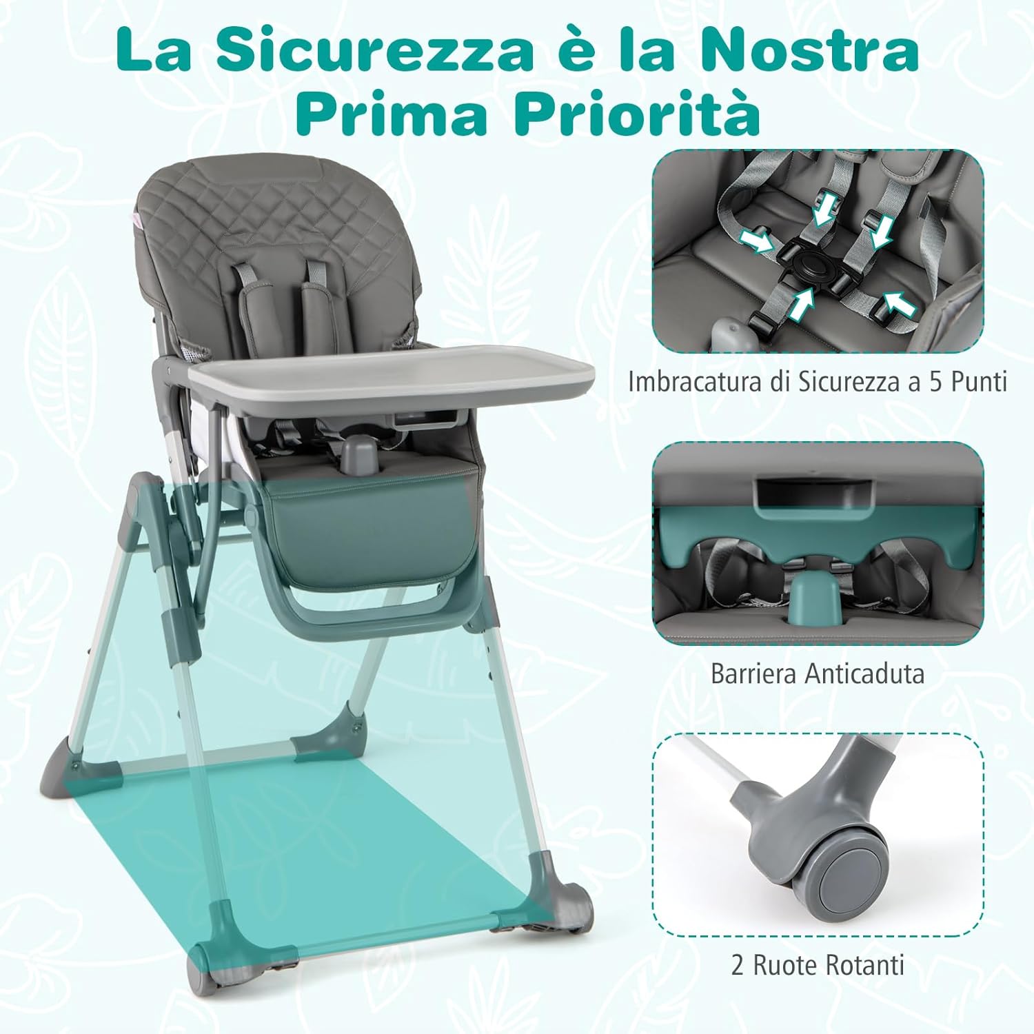 Seggiolone Pieghevole per Bambini, Portatile Regolabile con Poggiapiedi, Seggiolone con Vassoio Staccabile, Cuscino Sede in PU, Cintura di Sicurezzae Ruote Incorporate, Portata 15 kg (Grigio)