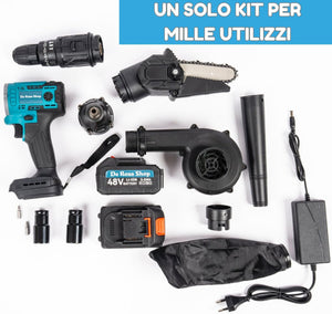 Kit Completo Professionale Fai da Te, 5 in 1 con Teste Intercambiabili, Trapano, Avvitatore, Mini Motosega, Soffiatore con 2 Batterie 48V