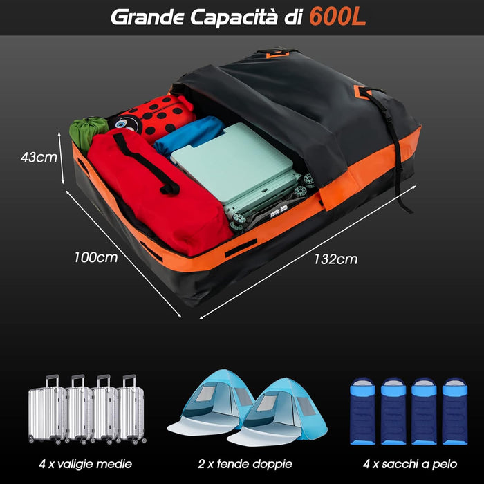 Borsa da Tetto per Auto, 600L PVC Box da Tetto Auto Universale Impermeabile, Sacca da Tetto di Vettura con Tappetino Antiscivolo, 10 Cinghie Rinforzate e 6 Ganci Porta (Modello 3)