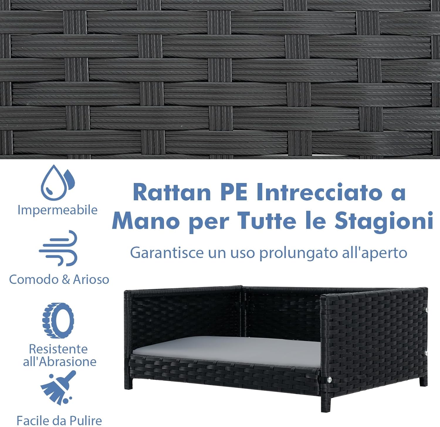 Lettini per Cani in Rattan, Cuccia Estiva per Cani con Cuscino Morbido Impermeabile, Telaio Metallico, Brandina Rialzato da Interno ed Esterno, 62 x 46 x 25 cm