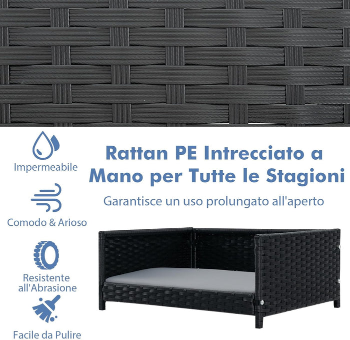 Lettini per Cani in Rattan, Cuccia Estiva per Cani con Cuscino Morbido Impermeabile, Telaio Metallico, Brandina Rialzato da Interno ed Esterno, 62 x 46 x 25 cm