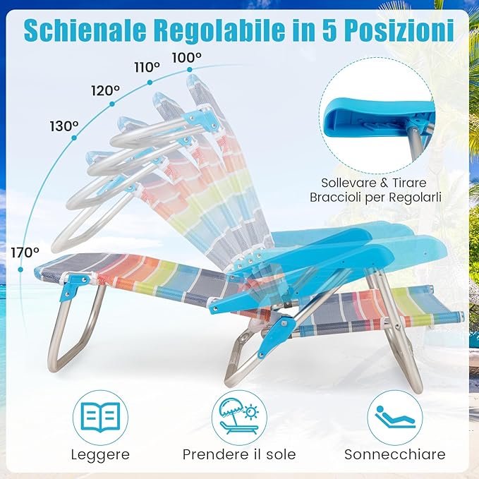 Set di 2 Sedie da Spiaggia, Sedia da Picnic Pieghevole con Braccioli, Schienale Regolabile a 5 Posizioni, Poltrona da in Alluminio Portatile per Pesca, Campeggio (64 cm x 63 cm x 74 cm)