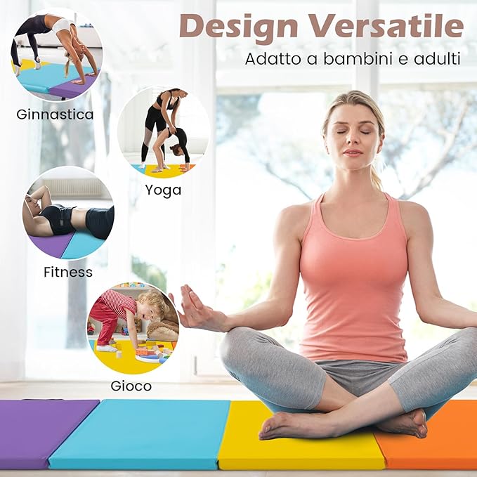 Tappetino da Ginnastica Pieghevole, Tappetino Portatile e Leggero in Pelle PU con Maniglie, Tappetino per Yoga e Allenamenti per Stretching e Capriole da Casa e Palestra (201 x 75 x 3 cm)