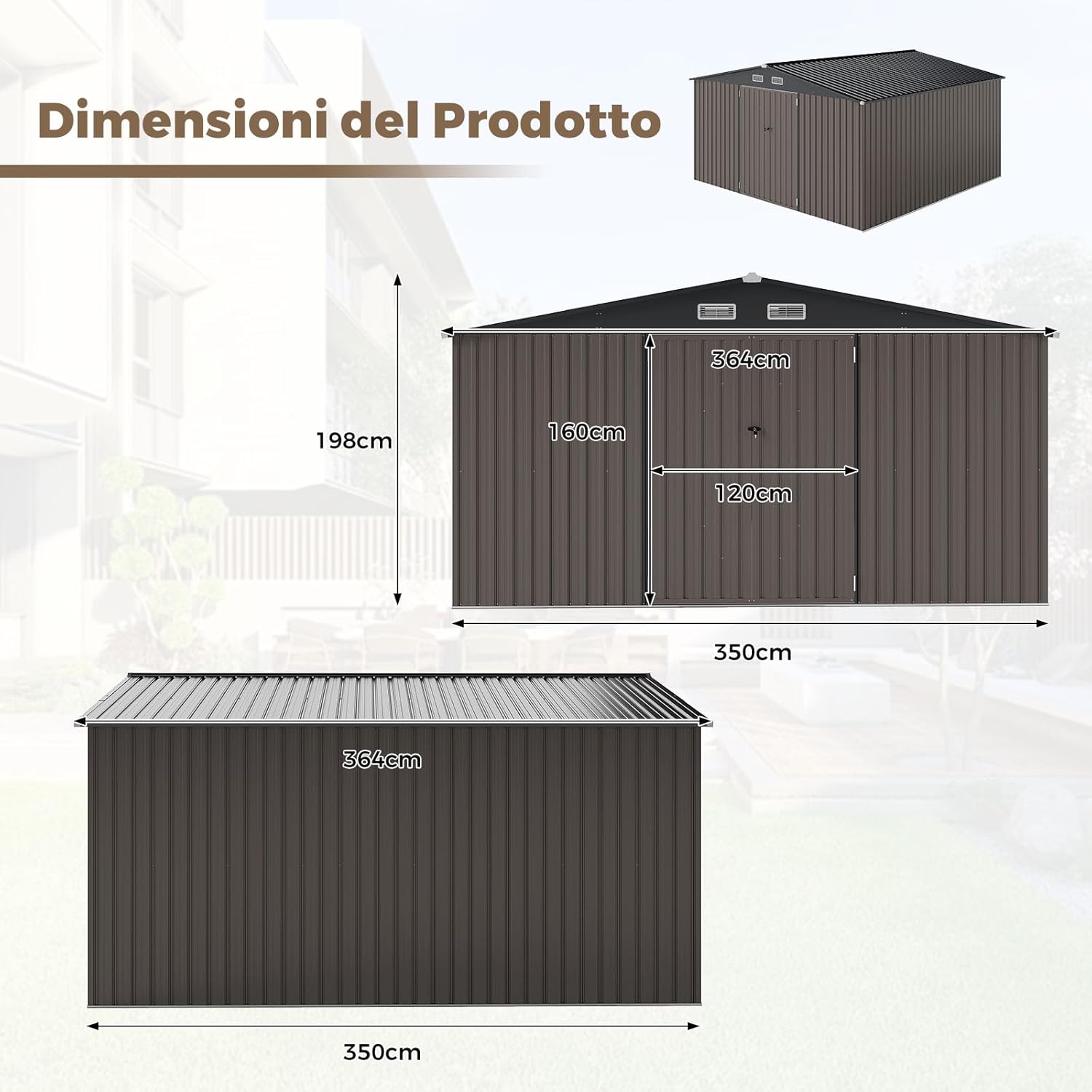 Capanno da Giardino, Casetta Porta Attrezzi con Tetto Inclinato, Porte Bloccabili e Chiavi e 4 Ventilazioni, Organizzatore per Attrezzi da Cortile e Patio, 350 x 350 x 198 cm