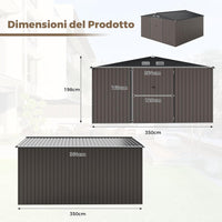 Capanno da Giardino, Casetta Porta Attrezzi con Tetto Inclinato, Porte Bloccabili e Chiavi e 4 Ventilazioni, Organizzatore per Attrezzi da Cortile e Patio, 350 x 350 x 198 cm