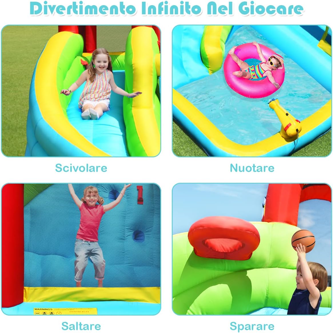 Castello Gonfiabile 6 in 1 per Bambini, Parco Acquatico con Trampolino, Parete di Arrampicata, Piscina, Scivolo, Cannone ad Acqua, Canestro Basket, Pallone e Borsa di Trasporto, 320x305x213cm