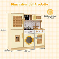 Cucina Giocattolo per Bambini, Cucina Legno per Bambini con Luci, Suoni, Frigorifero, Distributore d'Acqua, Lavatrice, Accessori Ricchi e Ante in Rattan, per 3 Anni+ (Giallo Caldo)