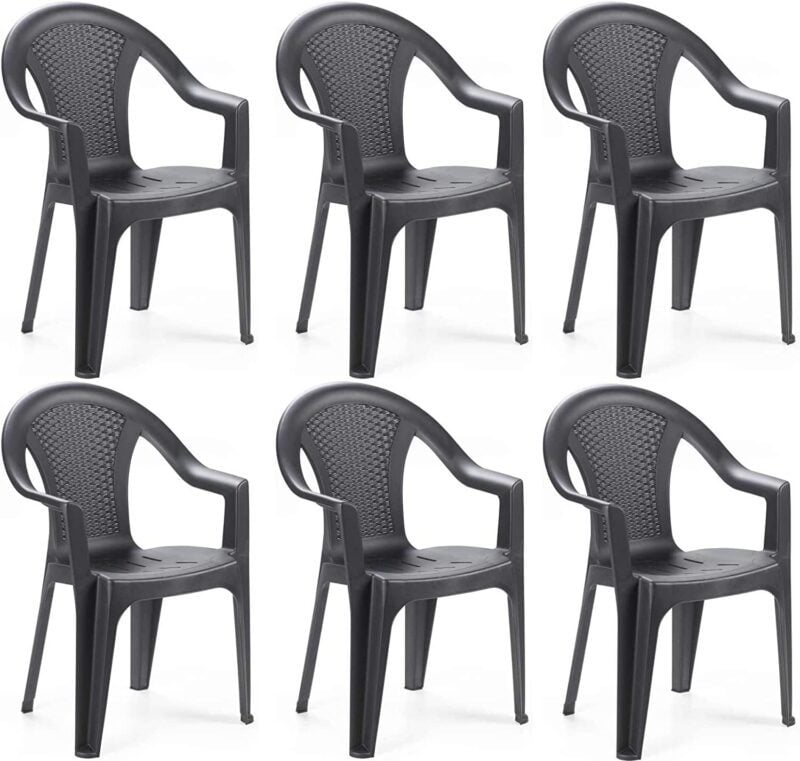Sedia da giardino set 6 sedie in plastica effetto rattan con braccioli e impilabili colore antracite Tomaino