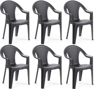 Sedia da giardino set 6 sedie in plastica effetto rattan con braccioli e impilabili colore antracite Tomaino