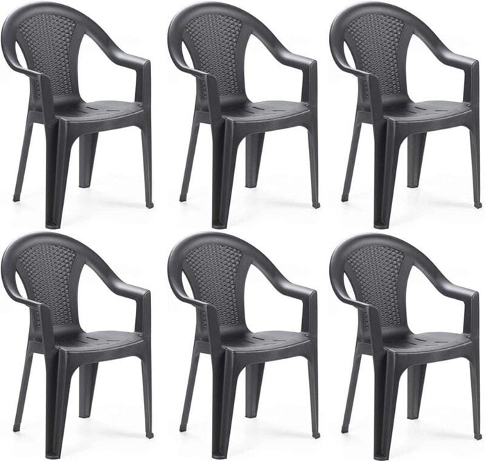 Sedia da giardino set 6 sedie in plastica effetto rattan con braccioli e impilabili colore antracite Tomaino
