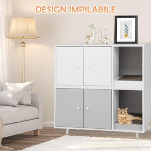 Mobile per Lettiera per Gatti 90 x 50 x 50 cm, Cassetta Igienica per Gatti con Doppia Anta, Divisore, Ingresso Avvolgibile, Tiragraffi e Gambe di Metallo Solido (Grigio)