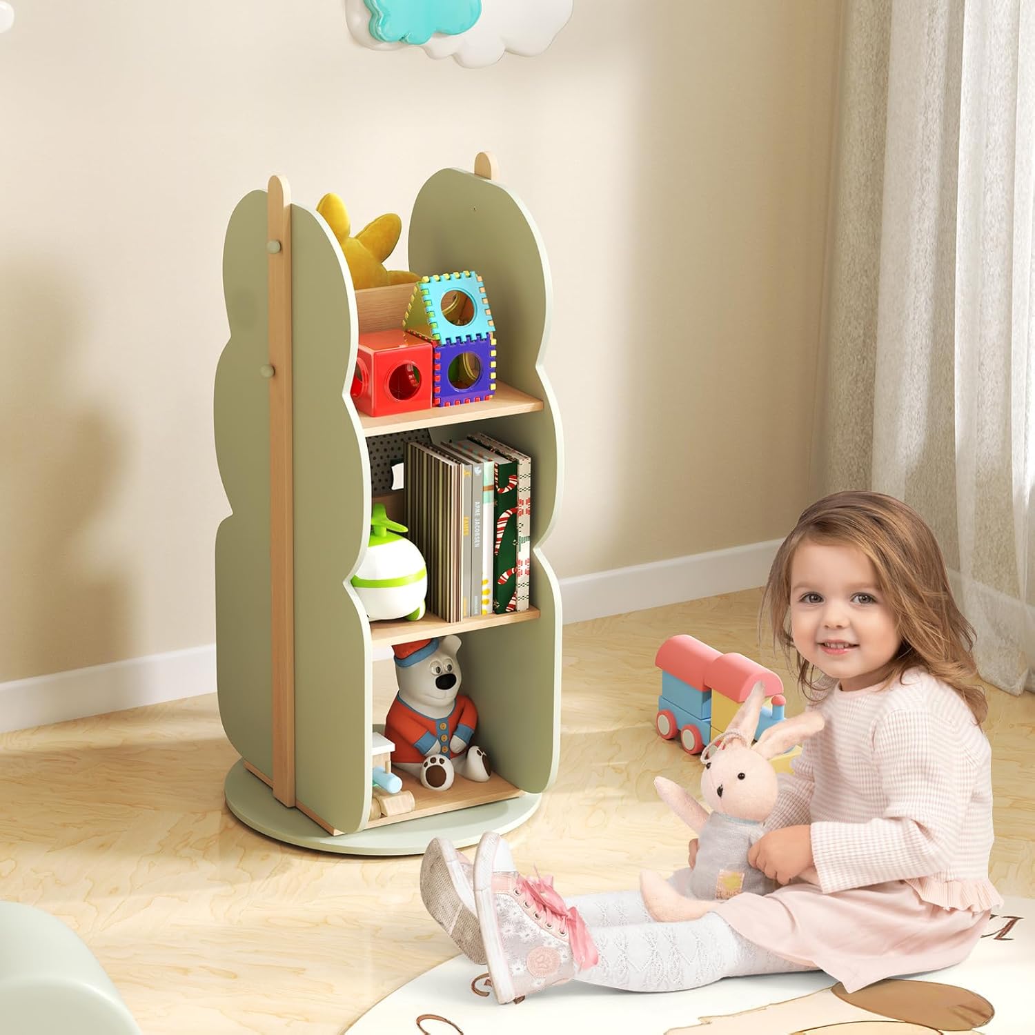 Scaffale Rotante per Bambini, Organizzatore per Giocattoli a 5 Ripiani, Mensola Girevole a 360° per Angolo, Scaffale da Terra per Camera dei Bambini Sala Giochi Asilo, 47,5x47,5x96 cm