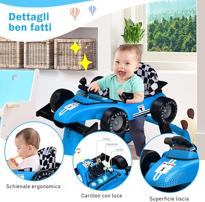 Girello per Bambini 4 in 1, Girello Pieghevole con Altezza e Velocità Regolabili, Carillon con Luci, Volante e Sedile, Primi Passi per Bambini 6-18 Mesi, Portata 15 kg (Blu)