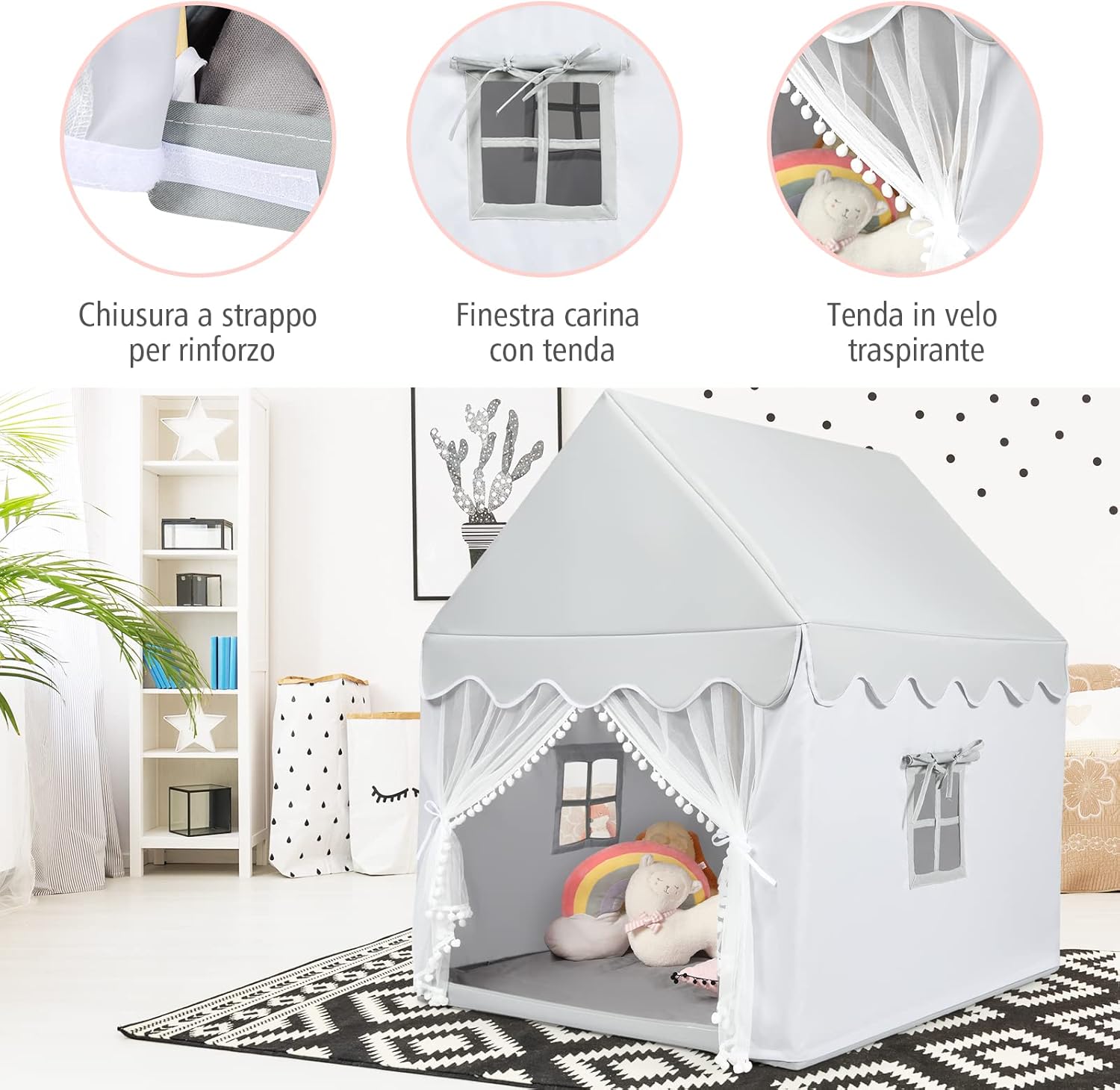Tenda da Gioco per Bambini, Casetta per Bambini con Struttura in Solido Legno, Tappetino di Cotone, Tenda a Rete e Finestre, 105x120x140 cm (grigio)