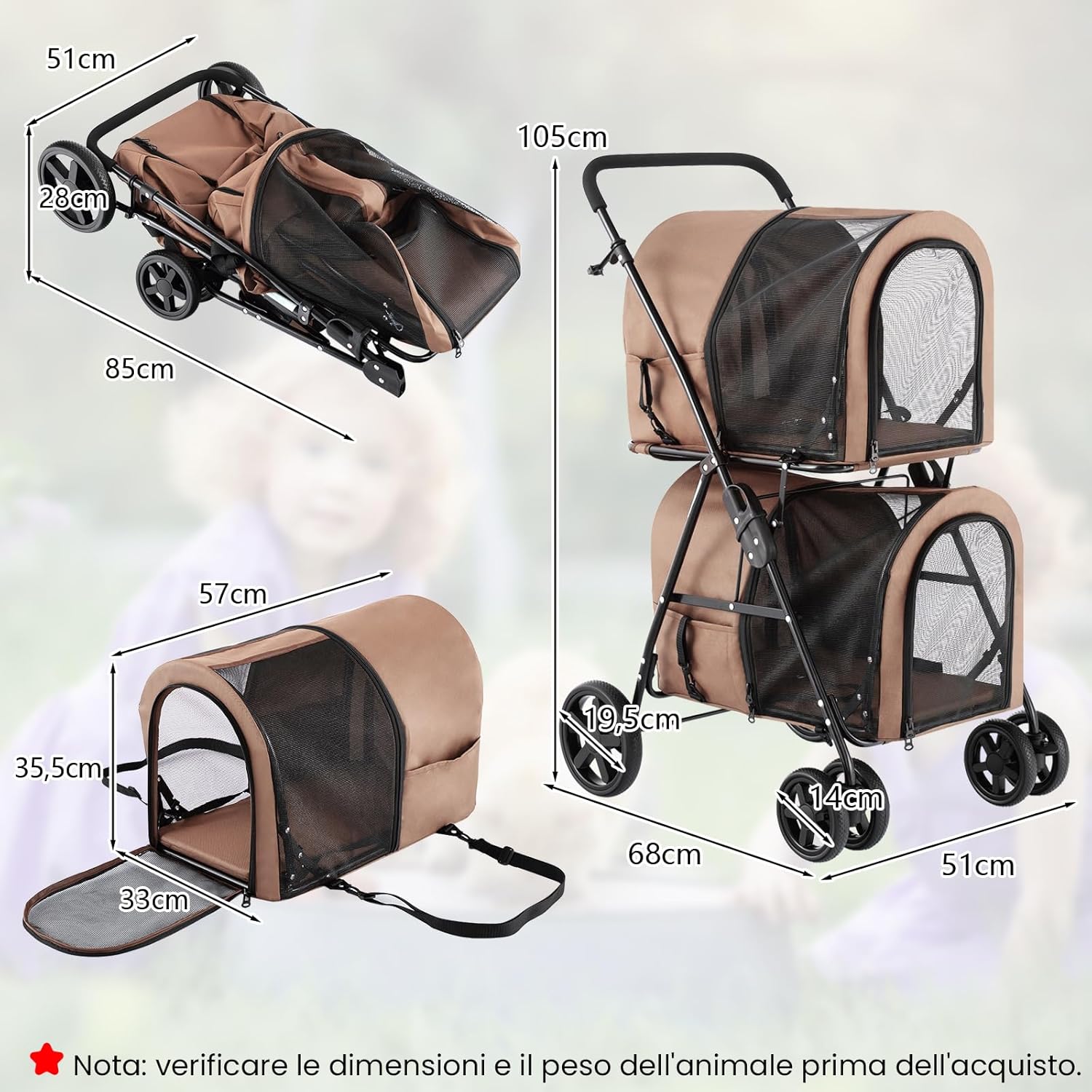 Passeggino per Cani Pieghevole, Carrozzina per Cani Multifunzionale 4 in 1 a Doppio Livello, Passeggino Smontabile con Ruote, Ideale per Passeggiata Viaggio e Shopping (Beige)