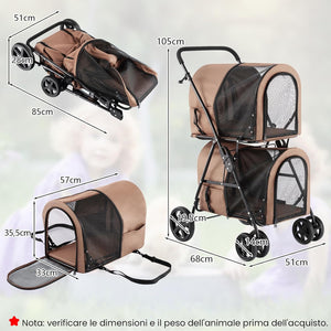 Passeggino per Cani Pieghevole, Carrozzina per Cani Multifunzionale 4 in 1 a Doppio Livello, Passeggino Smontabile con Ruote, Ideale per Passeggiata Viaggio e Shopping (Beige)